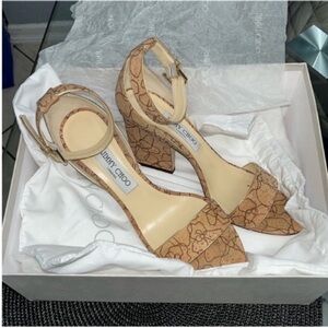 Jimmy Choo Edina Tan Patterned
Block Cork Block Heel Sandals Size 39.5